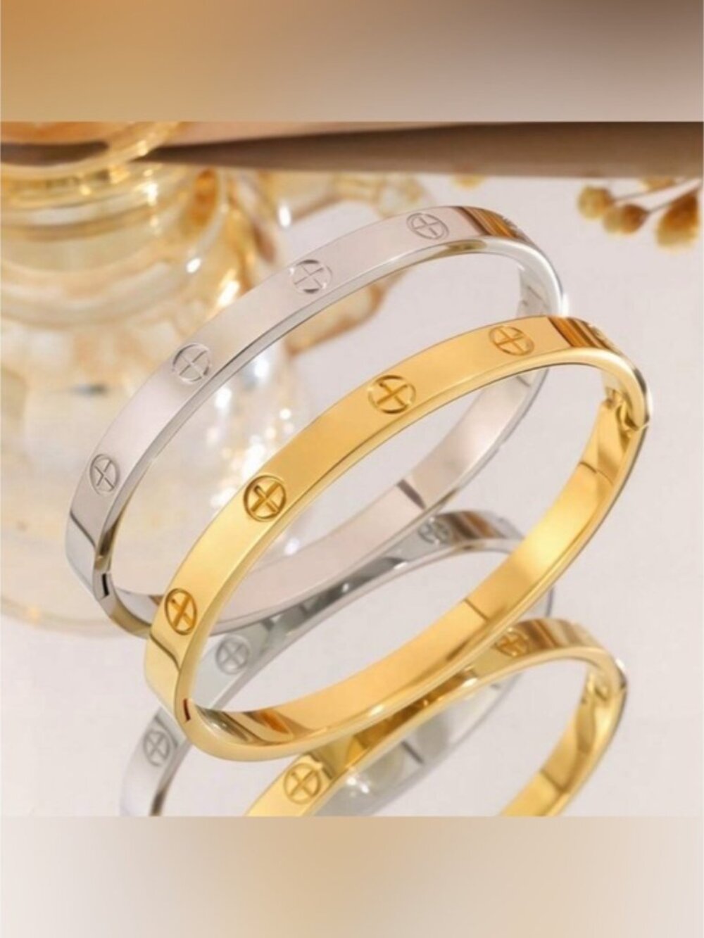 18K Gold Plated Screw Cross Design Bracelet Tarnish Resistant - Picture 3 of 4
